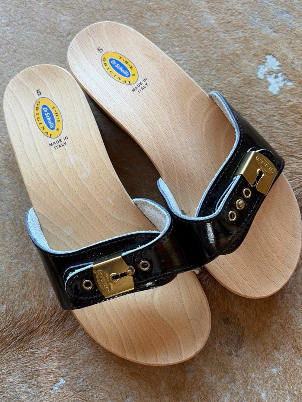 Dr. Scholl's Black Patent Slide Mules with Gold Buckle